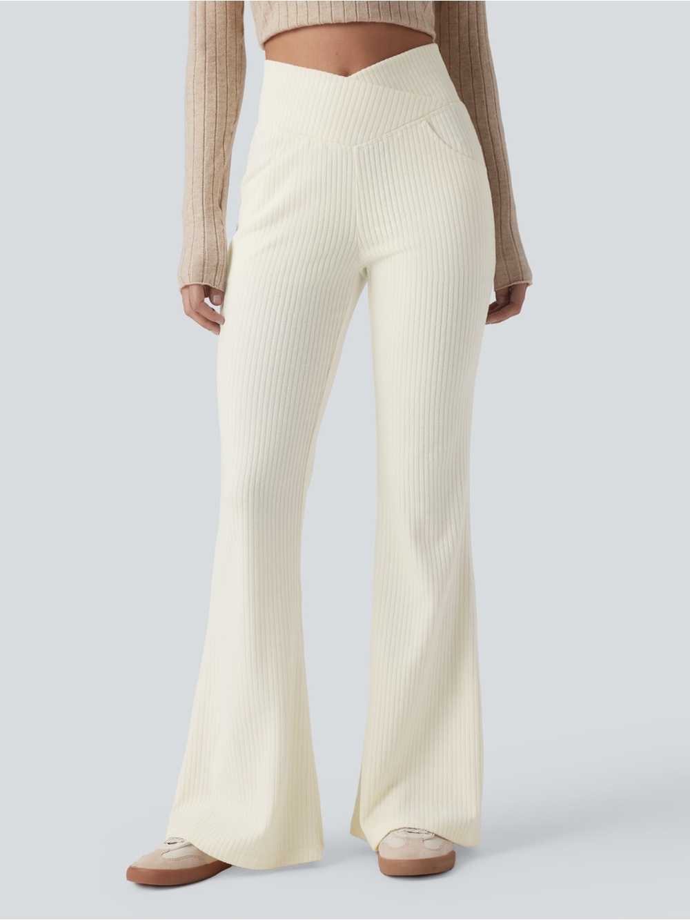 HALARA Cream Ribbed Knit Crossover High Waist Side Pocket Flare Pants Size Large
